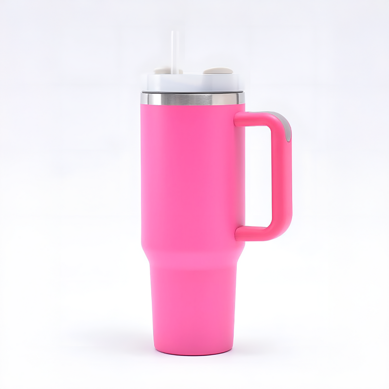 40oz. Custom Bright Pink Stainless Steel Travel Tumbler with Straw and Handle. Plus 5 Decals.