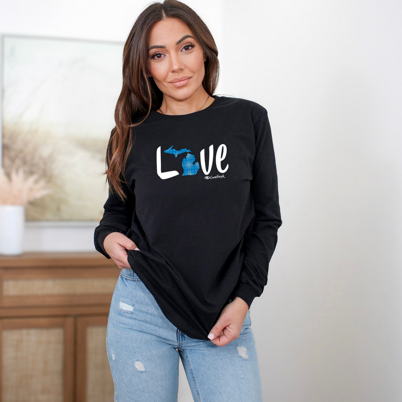 "Love MI Blue Plaid"Relaxed Fit Long Sleeve Unisex T-Shirt