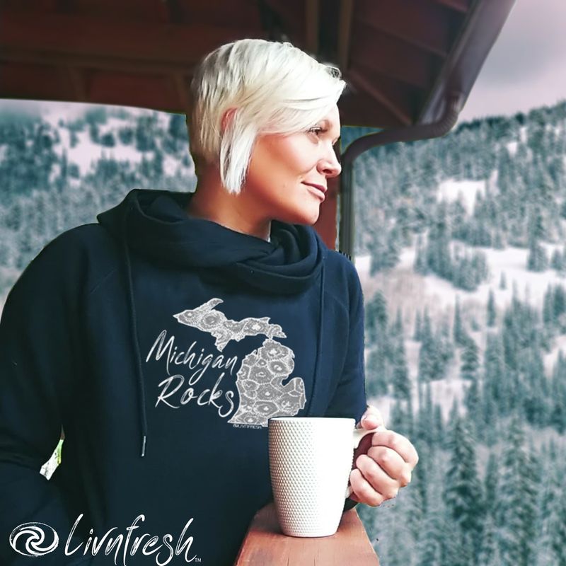 "Michigan Rocks Petoskey Stone"Women's Fleece Funnel Neck Pullover Hoodie