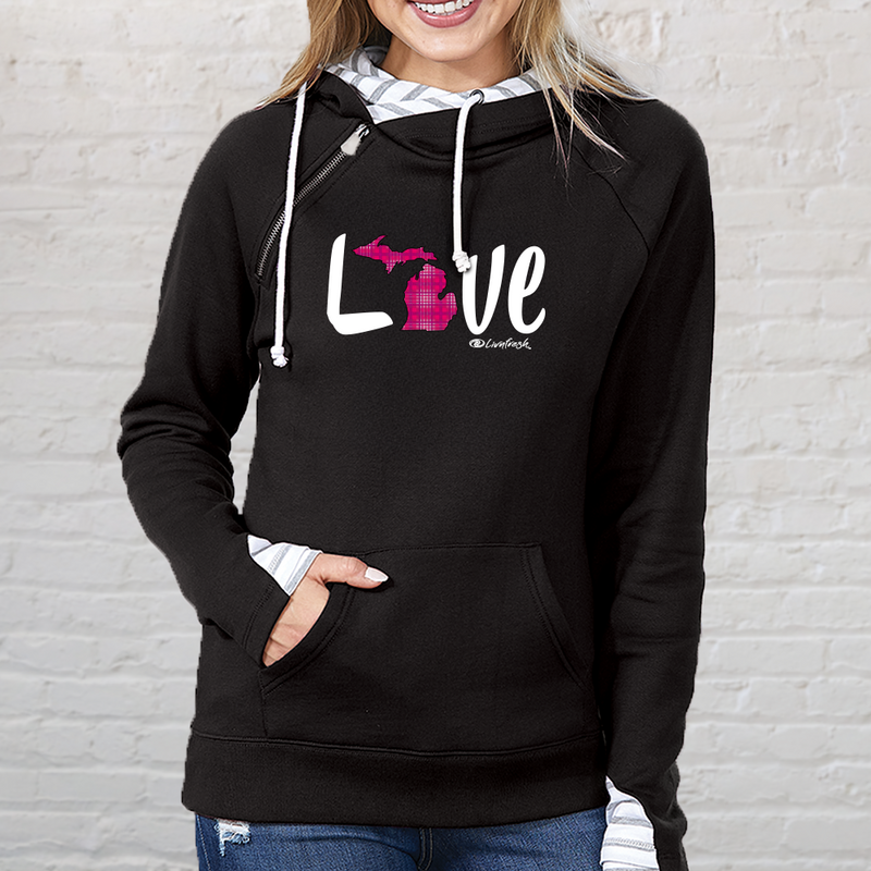 "Pink Love Plaid"Women's Striped Double Hood Pullover