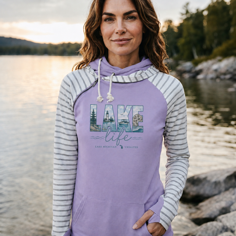 ""Lake Life Unsalted"Women's Striped Double Hood Pullover