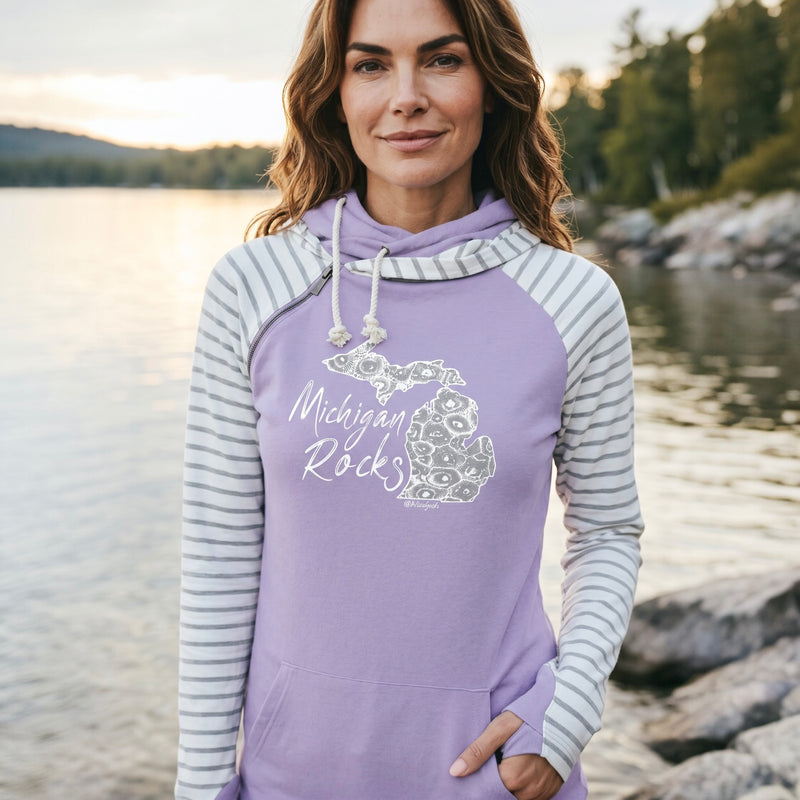 "Michigan Rocks Petoskey Stone"Women's Striped Double Hood Pullover