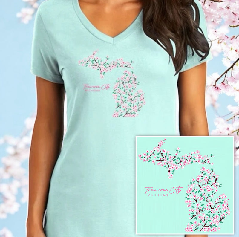 "Traverse City Cherry Blossom"Women's Relaxed V-Neck