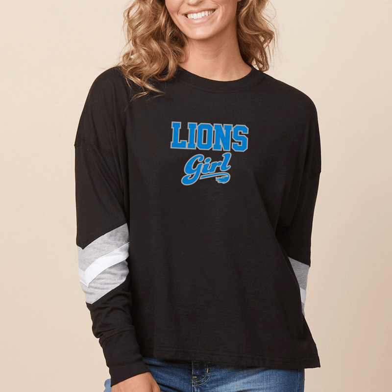 "Lions Girl"Women's Boxy Varsity Long Sleeve Tee