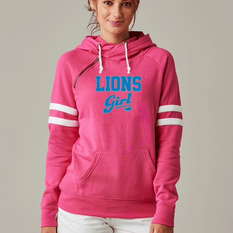 "Lions Girl"Women's Striped Double Hood Varsity Pullover
