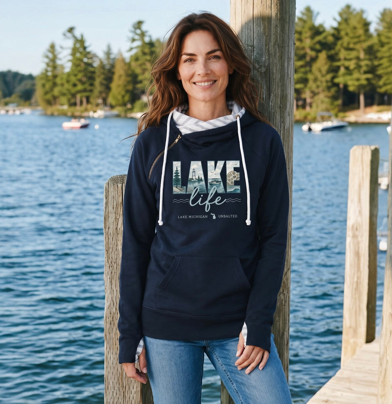 ""Lake Life Unsalted"Women's Striped Double Hood Pullover