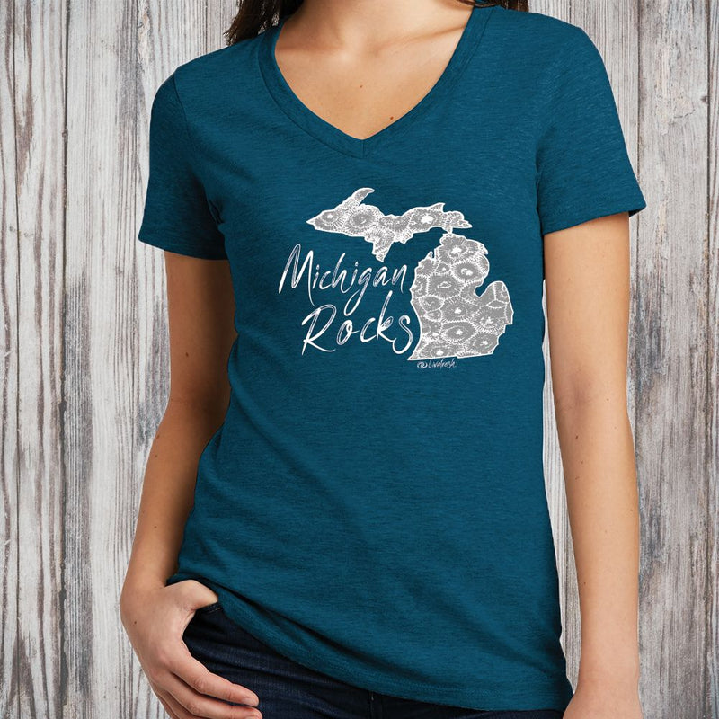"Michigan Rocks Petoskey Stone"Women's V-Neck