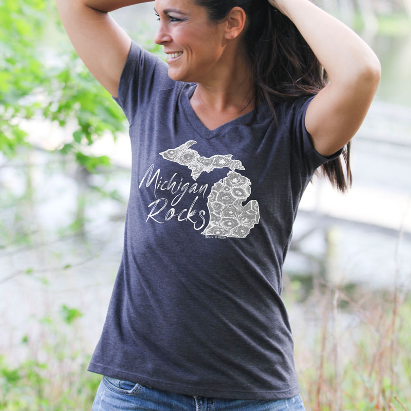 "Michigan Rocks Petoskey Stone"Women's V-Neck