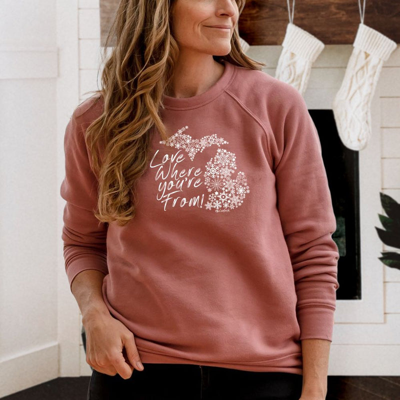 "Michigan Love Where You're From"Relaxed Fit Angel Fleece Pullover Unisex Crew