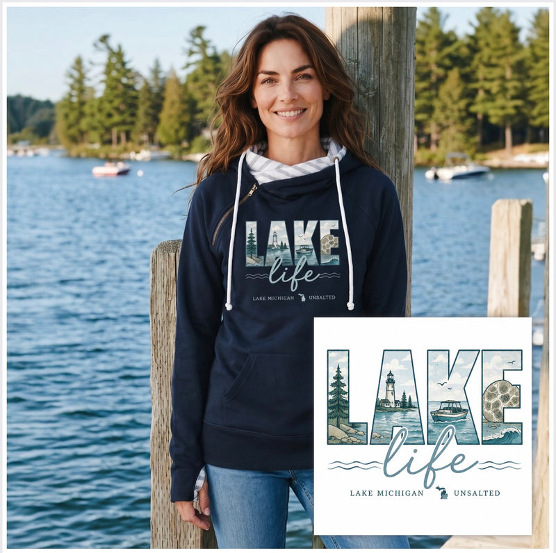 ""Lake Life Unsalted"Women's Striped Double Hood Pullover
