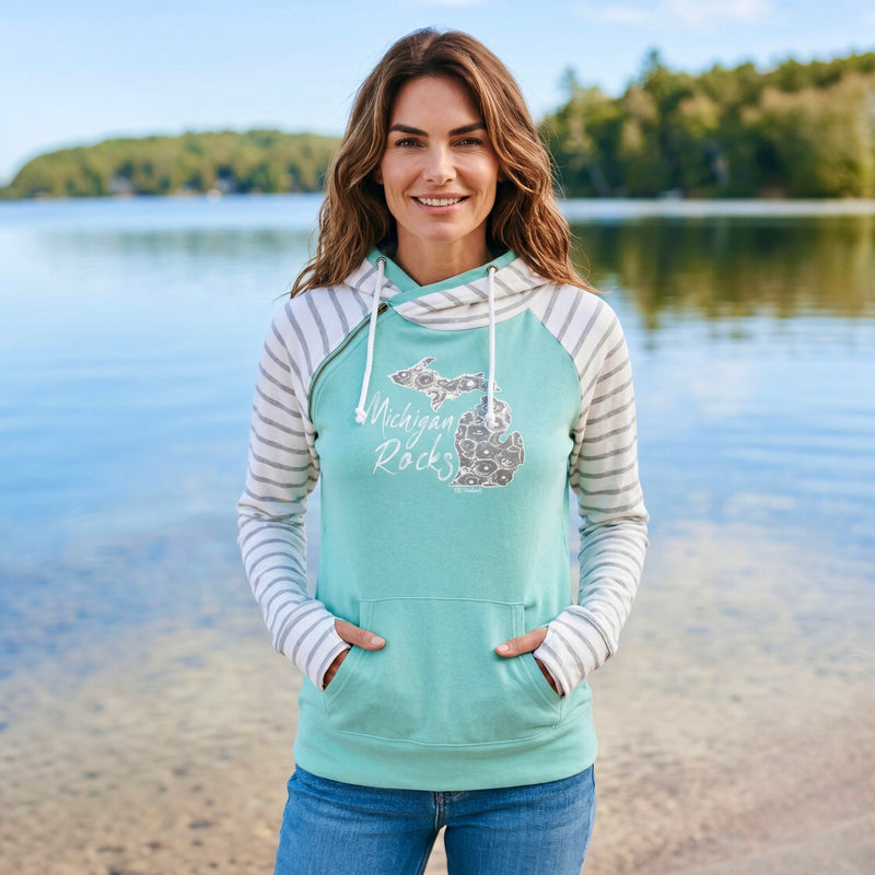 "Michigan Rocks Petoskey Stone"Women's Striped Double Hood Pullover