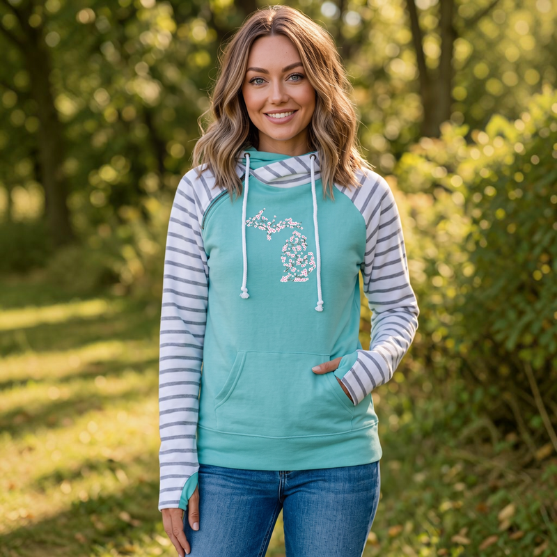 "Michigan Cherry Blossom"Women's Striped Double Hood Pullover