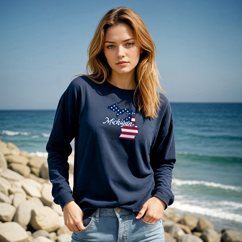 "Patriotic Michigan"Relaxed Fit Long Sleeve T-Shirt