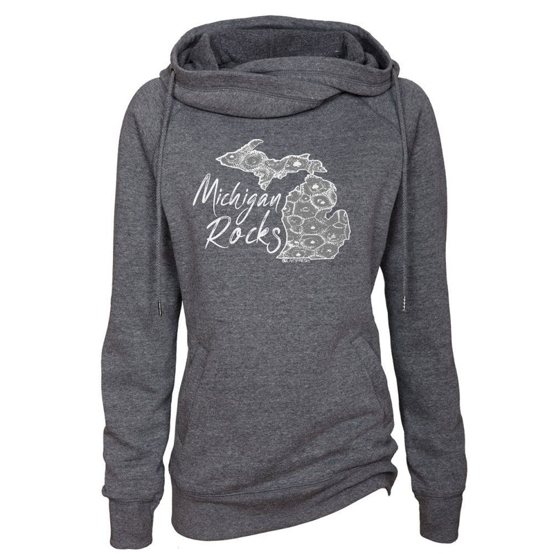 "Michigan Rocks Petoskey Stone"Women's Fleece Funnel Neck Pullover Hoodie CLEARANCE