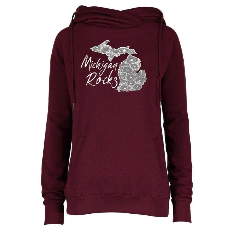 "Michigan Rocks Petoskey Stone"Women's Fleece Funnel Neck Pullover Hoodie CLEARANCE