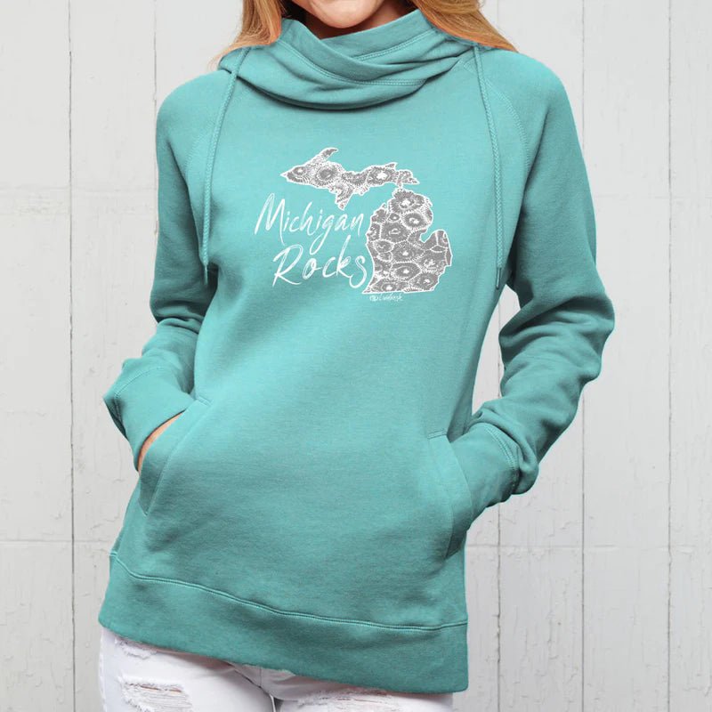 "Michigan Rocks Petoskey Stone"Women's Fleece Funnel Neck Pullover Hoodie CLEARANCE