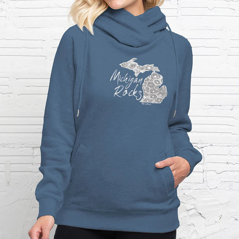 "Michigan Rocks Petoskey Stone"Women's Fleece Funnel Neck Pullover Hoodie CLEARANCE