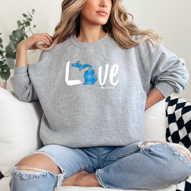 "Love MI Blue Plaid"Relaxed Fit Classic Crew Unisex Sweatshirt