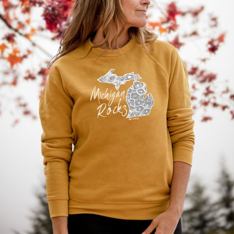 "Michigan Rocks Petoskey Stone"Relaxed Fit Angel Fleece Pullover Unisex Crew CLEARANCE
