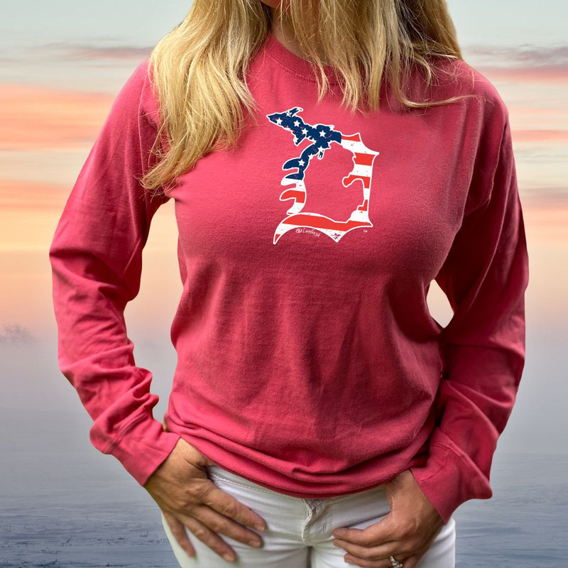 "Michigan D Flag"Relaxed Fit Stonewashed Long Sleeve Unisex T-Shirt