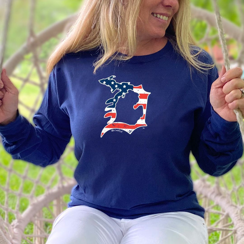 "Michigan D Flag"Relaxed Fit Stonewashed Long Sleeve Unisex T-Shirt