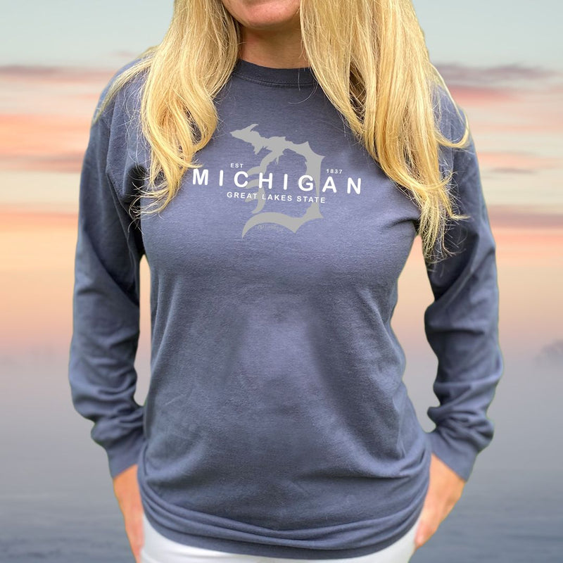 "Michigan D Established 1837"Relaxed Fit Stonewashed Long Sleeve Unisex T-Shirt