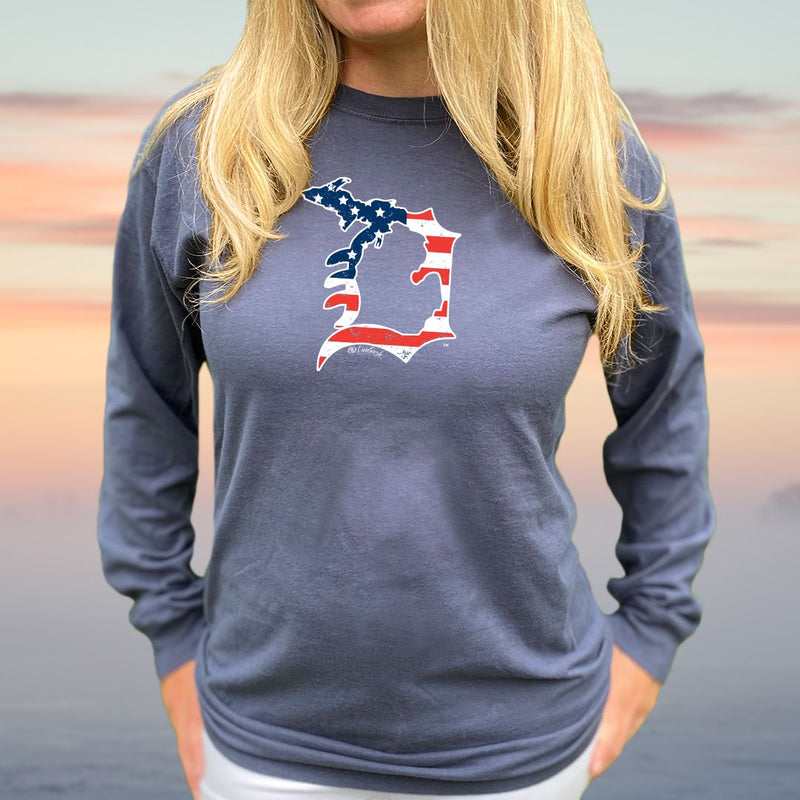 "Michigan D Flag"Relaxed Fit Stonewashed Long Sleeve Unisex T-Shirt