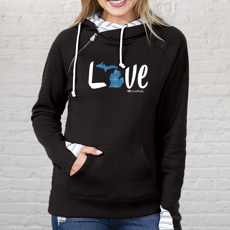 "Love MI Blue Plaid"Women's Striped Double Hood Pullover