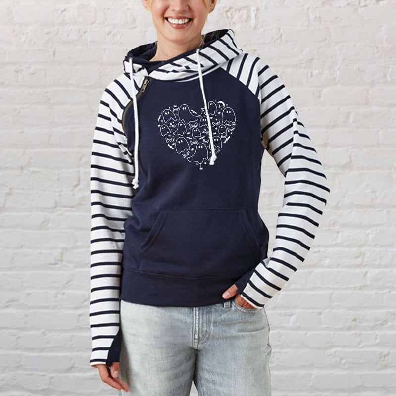 "I Love Boo"Women's Striped Double Hood Pullover