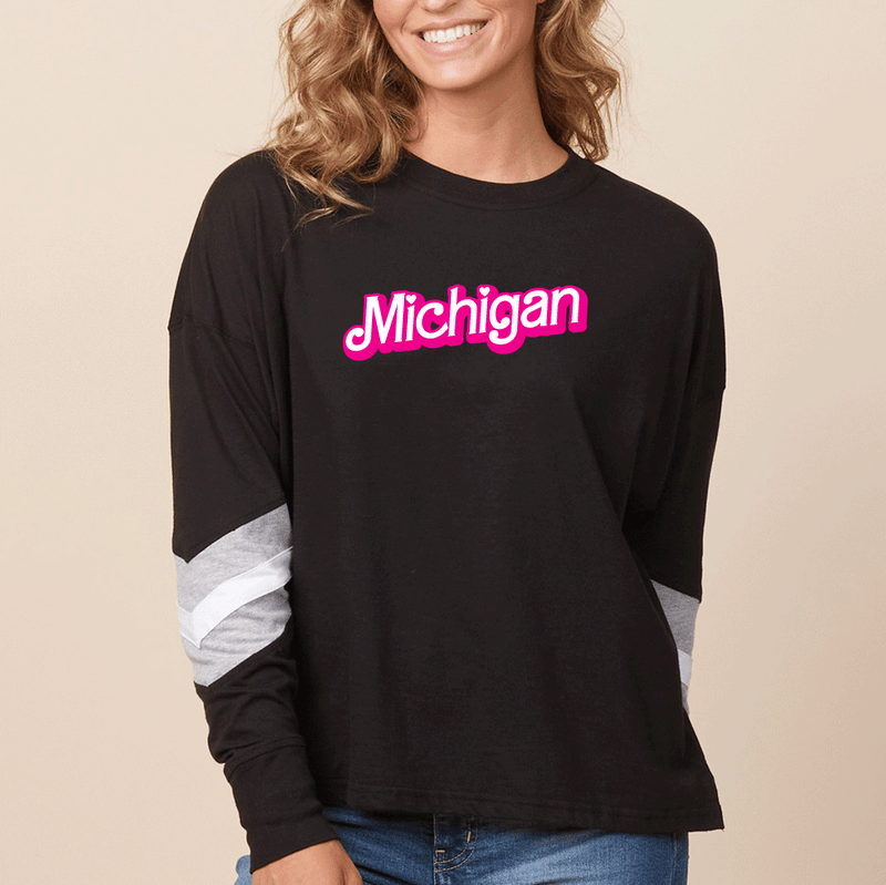 "Michigan Barbie"Women's Boxy Varsity Long Sleeve Tee