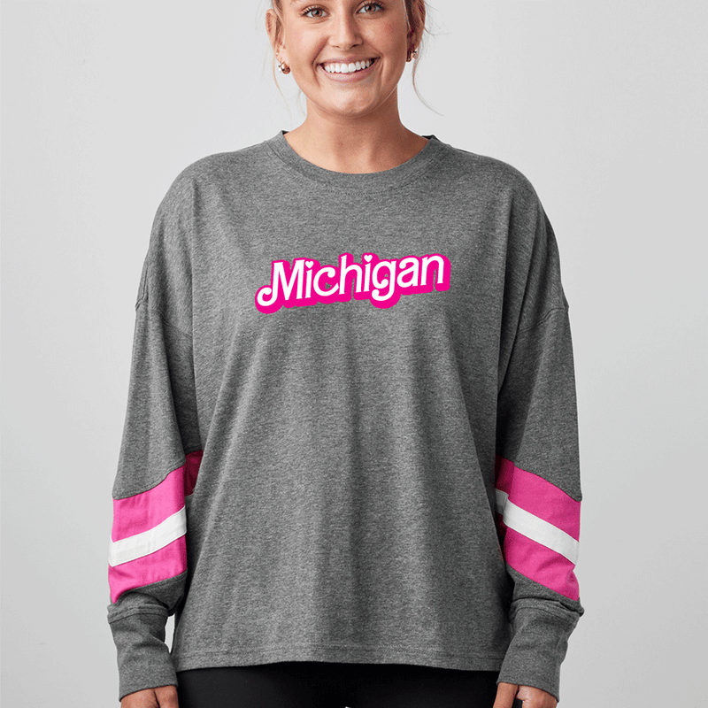 "Michigan Barbie"Women's Boxy Varsity Long Sleeve Tee