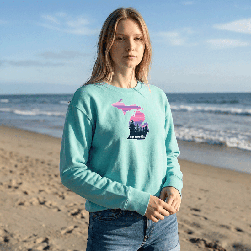 "MI Up North"Women's Garment Dyed Fleece Crew