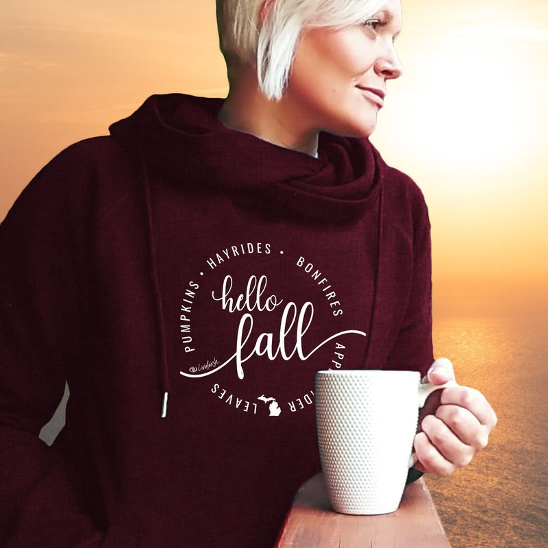 "Hello Fall"Women's Fleece Funnel Neck Pullover Hoodie