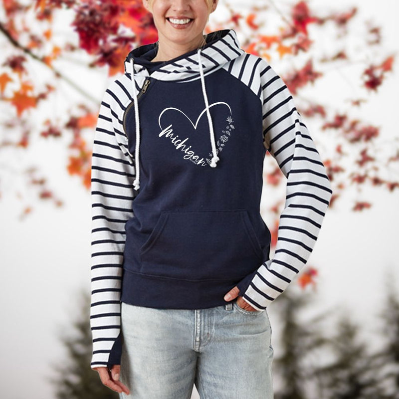 "Fall In Love With Michigan"Women's Striped Double Hood Pullover