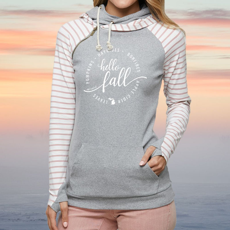 "Hello Fall"Women's Striped Double Hood Pullover