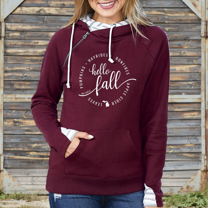"Hello Fall"Women's Striped Double Hood Pullover