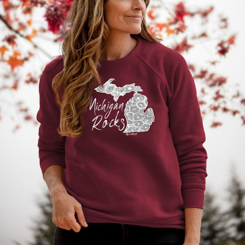 "Michigan Rocks Petoskey Stone"Relaxed Fit Angel Fleece Pullover Unisex Crew CLEARANCE