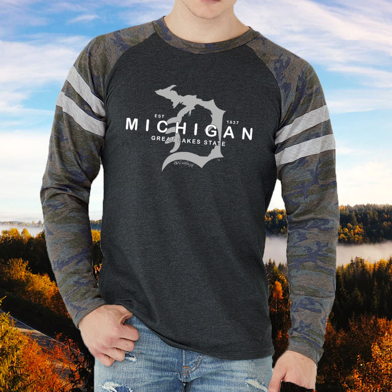 "Michigan D Established 1837"Men's Mash Up Long Sleeve Varsity T-Shirt