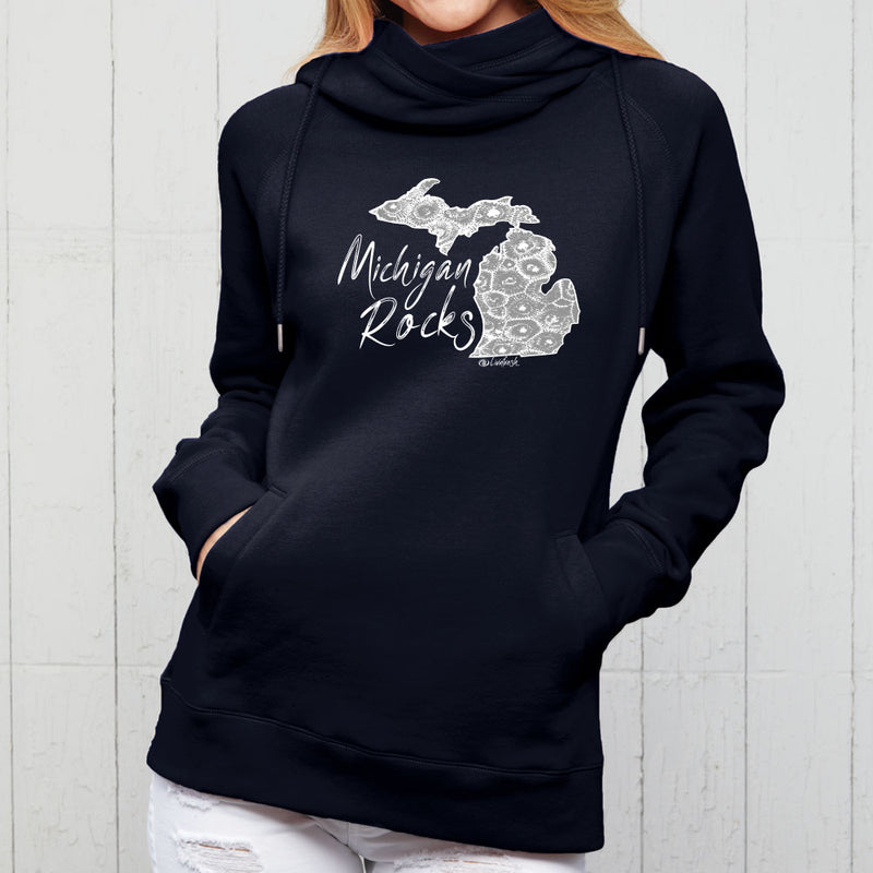"Michigan Rocks Petoskey Stone"Women's Fleece Funnel Neck Pullover Hoodie