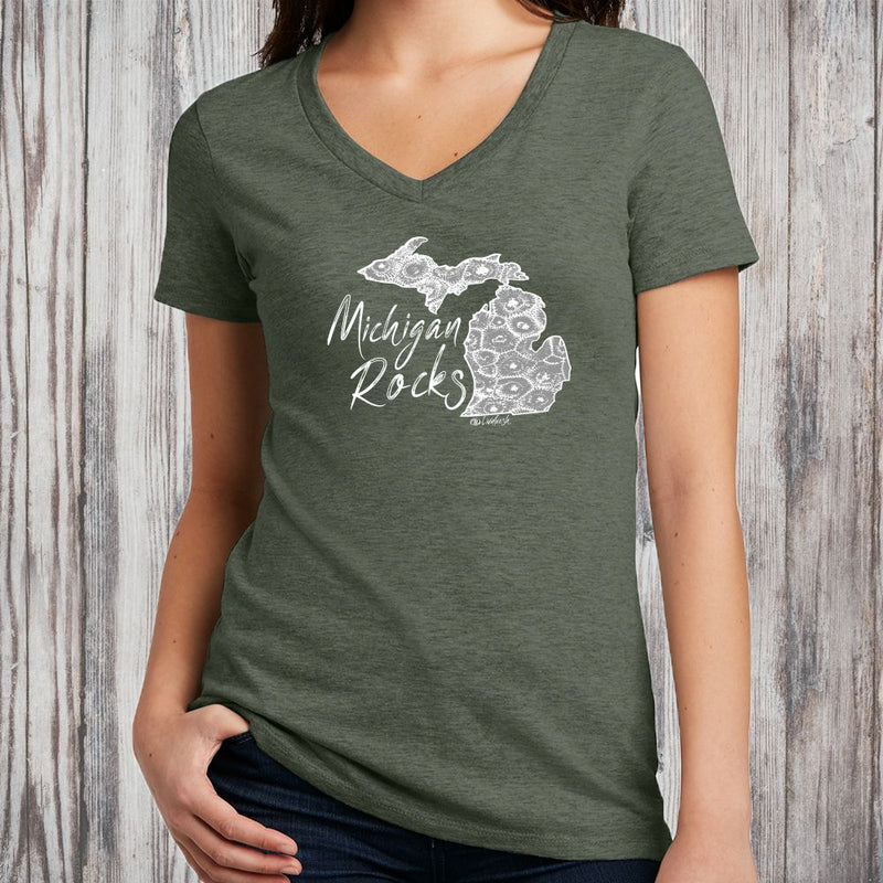 "Michigan Rocks Petoskey Stone"Women's V-Neck