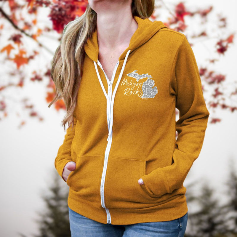 "Michigan Rocks Petoskey Stone"Relaxed Fit Angel Fleece Full Zip Unisex Hoodie
