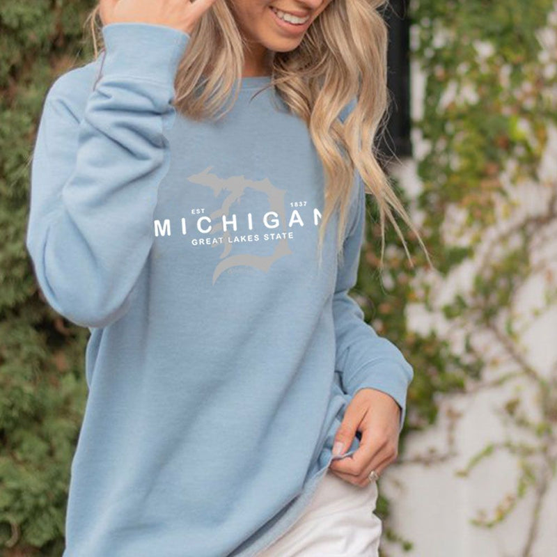 "Michigan D Established 1837"Women's Ultra Soft Wave Wash Crew Sweatshirt