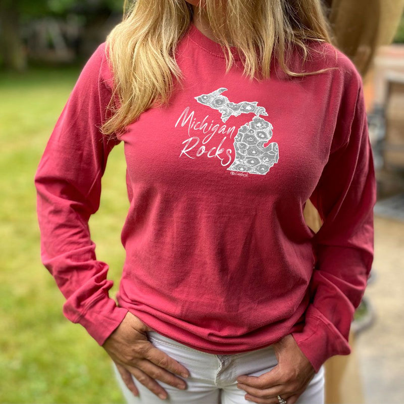 "Michigan Rocks Petoskey Stone"Relaxed Fit Stonewashed Long Sleeve Unisex T-Shirt