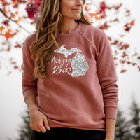 "Michigan Rocks Petoskey Stone"Relaxed Fit Angel Fleece Pullover Crew