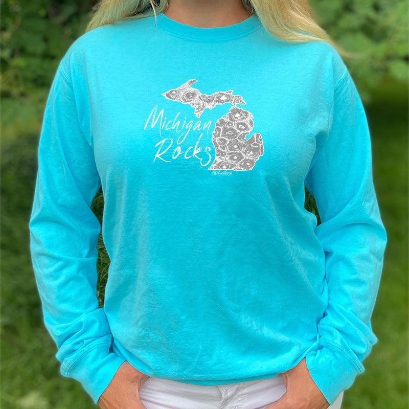 "Michigan Rocks Petoskey Stone"Relaxed Fit Stonewashed Long Sleeve Unisex T-Shirt